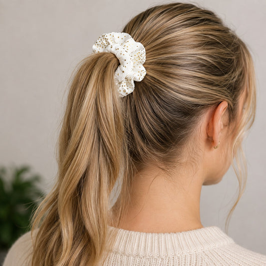 Handmade Scrunchies - White With Gold Metallic Polka Dots - Medium