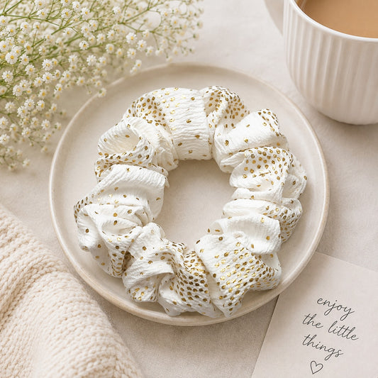 Handmade Scrunchies - White With Gold Metallic Polka Dots - Medium