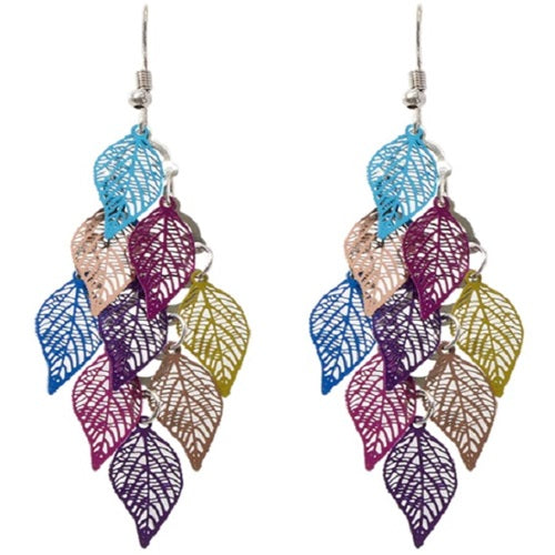 Colorful Hollow Layered Leaf Stacks Hook Drop Dangle Earrings