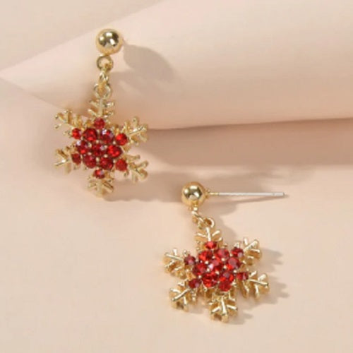 Dainty Rhinestone Gold Snowflake Dangle Earrings - Red or Black