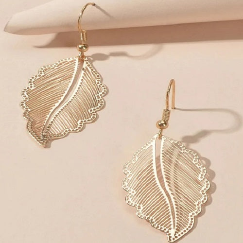 Hollow out Gold Tropical Leaf Drop Earrings