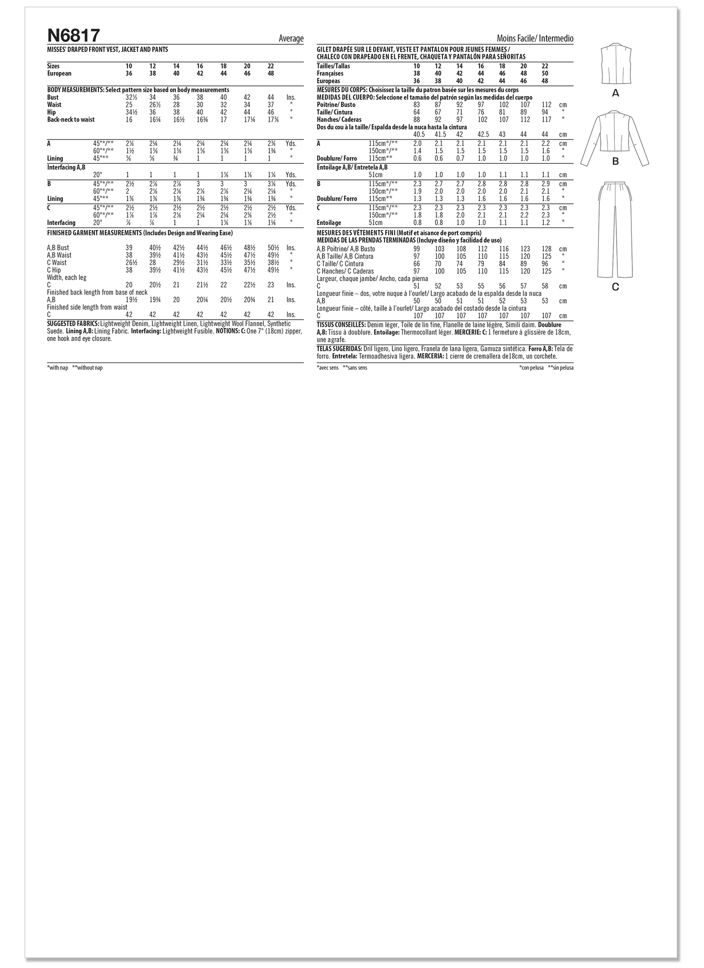 NEW LOOK Sewing Pattern 6817 - Ladies Draped Front Vest, Jacket and Trousers