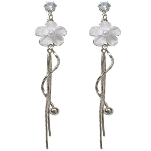 White Flower Silver Tassel Drop Dangle Earrings