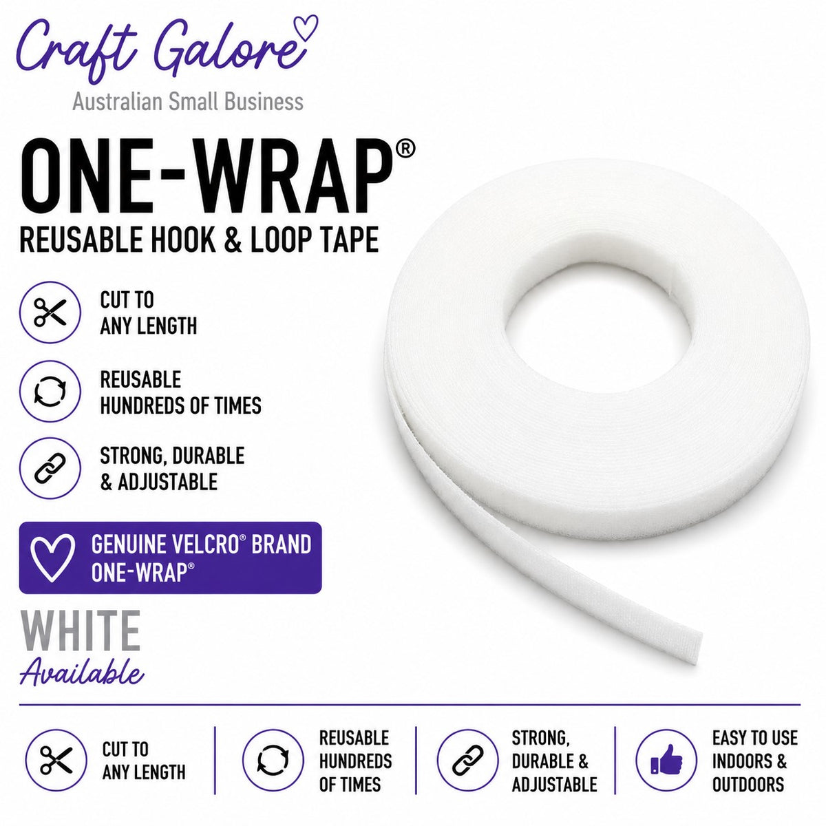 50mm Genuine Velcro® Brand ONE WRAP Reusable Hook & Loop Tape - 1mt