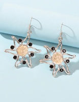 Sea Ocean Silver Hollow Starfish Dangle Hook Earrings