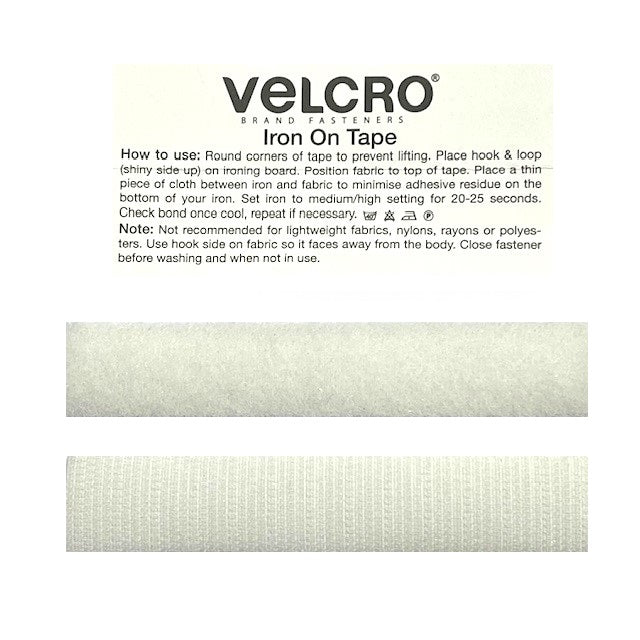 Velcro® Genuine Brand Iron On Hook & Loop Tape - 10cm x 19mm - Black or White