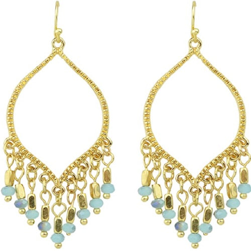 Gold Teardrop Dangles With Blue Beads