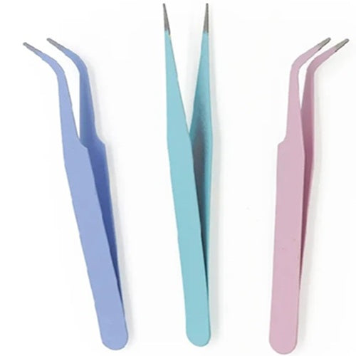 Tweezers - 3 Pieces - Bent & Straight - Pastel Colours - Stainless Steel