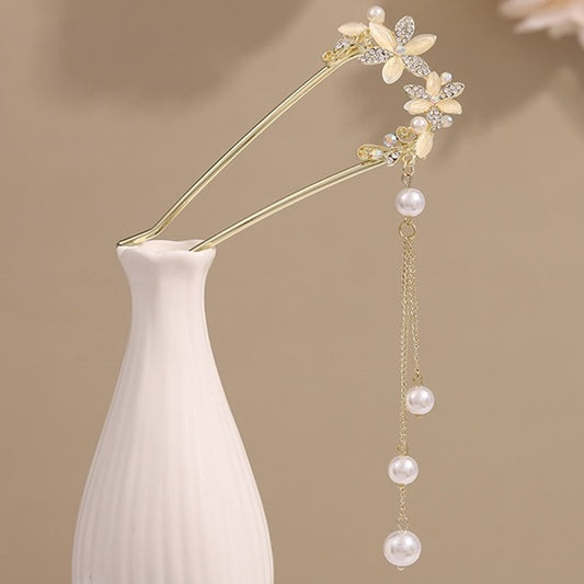 Hair Fork - Fancy with Beads - Metal - 2 Prongs - Gold