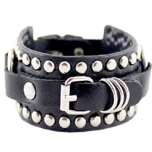 Leather Studded Black & Silver Bracelet