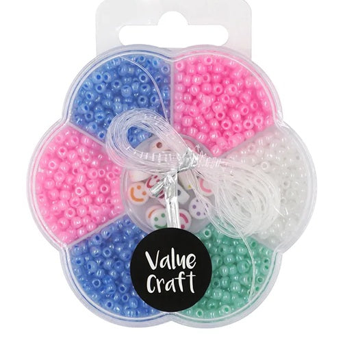 Plastic Acrylic Seed Bead Kits - Kids Craft - 70g Approx 1015 Pieces + 2mts Stretchy String