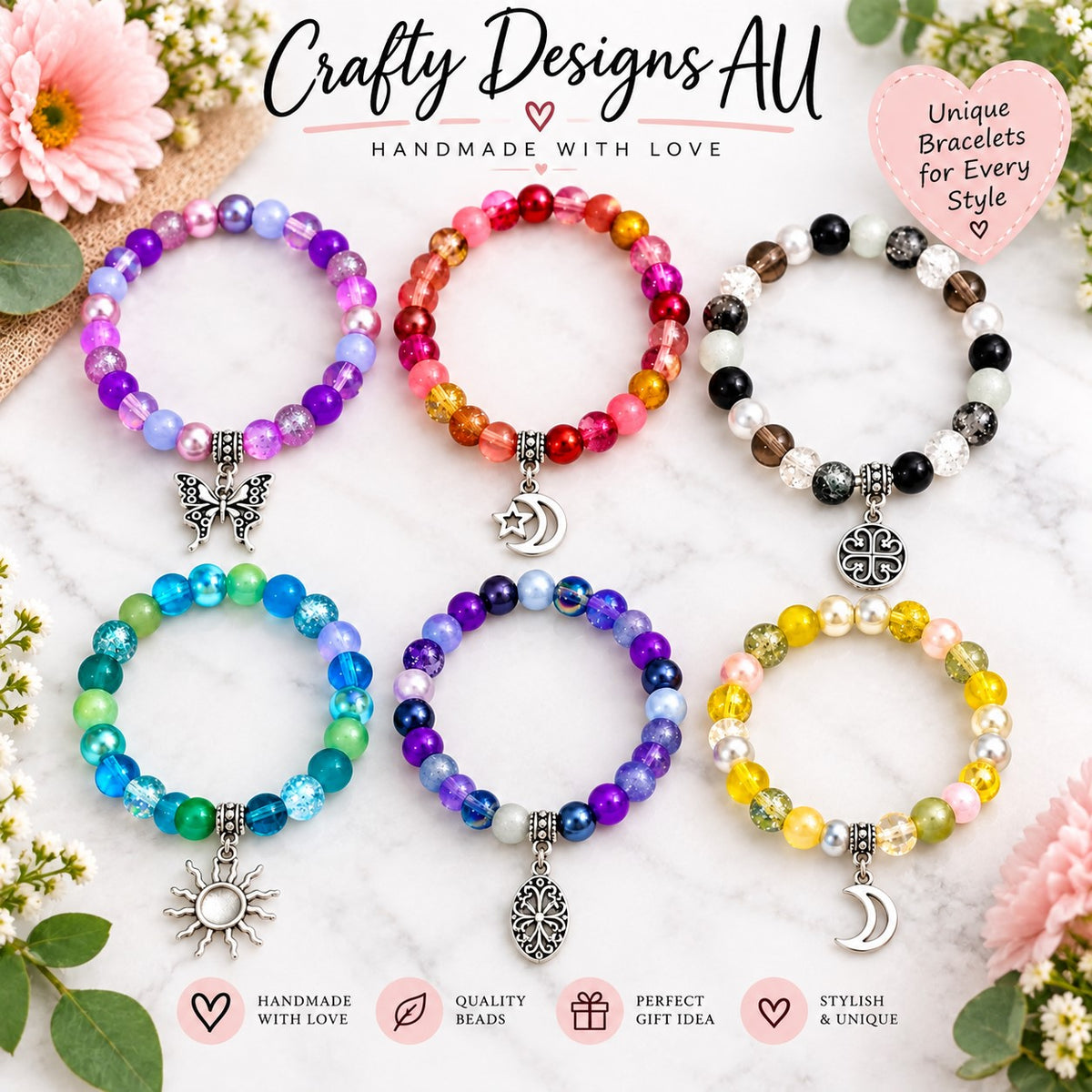 Handmade Stretchy Mystical Glass Bead Charm Bracelet - 8 Colours
