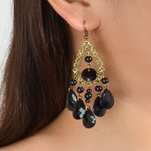 Bohemian Retro Black Water Drop Beads Antique Bronze Chandelier Earrings