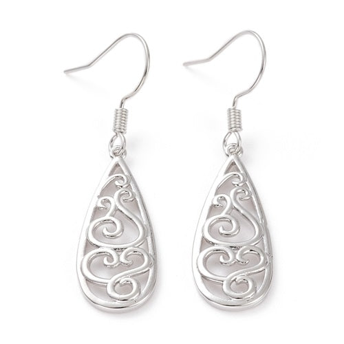Brass Hollow Teardrop Dangle Earrings - Bright Silver or Gold
