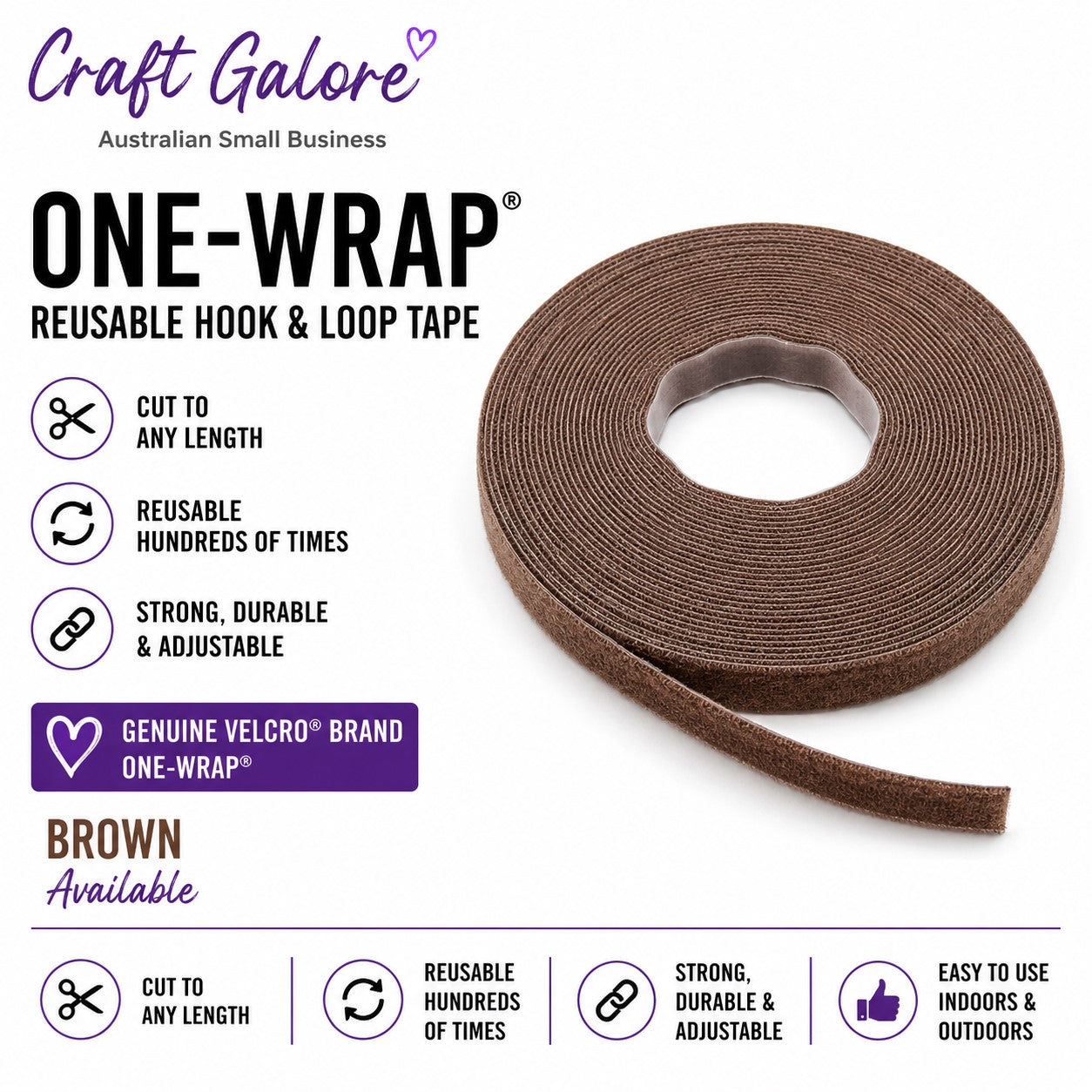 19mm x 1m Genuine VELCRO® Brand ONE-WRAP® Reusable Hook & Loop Tape 11 Colours