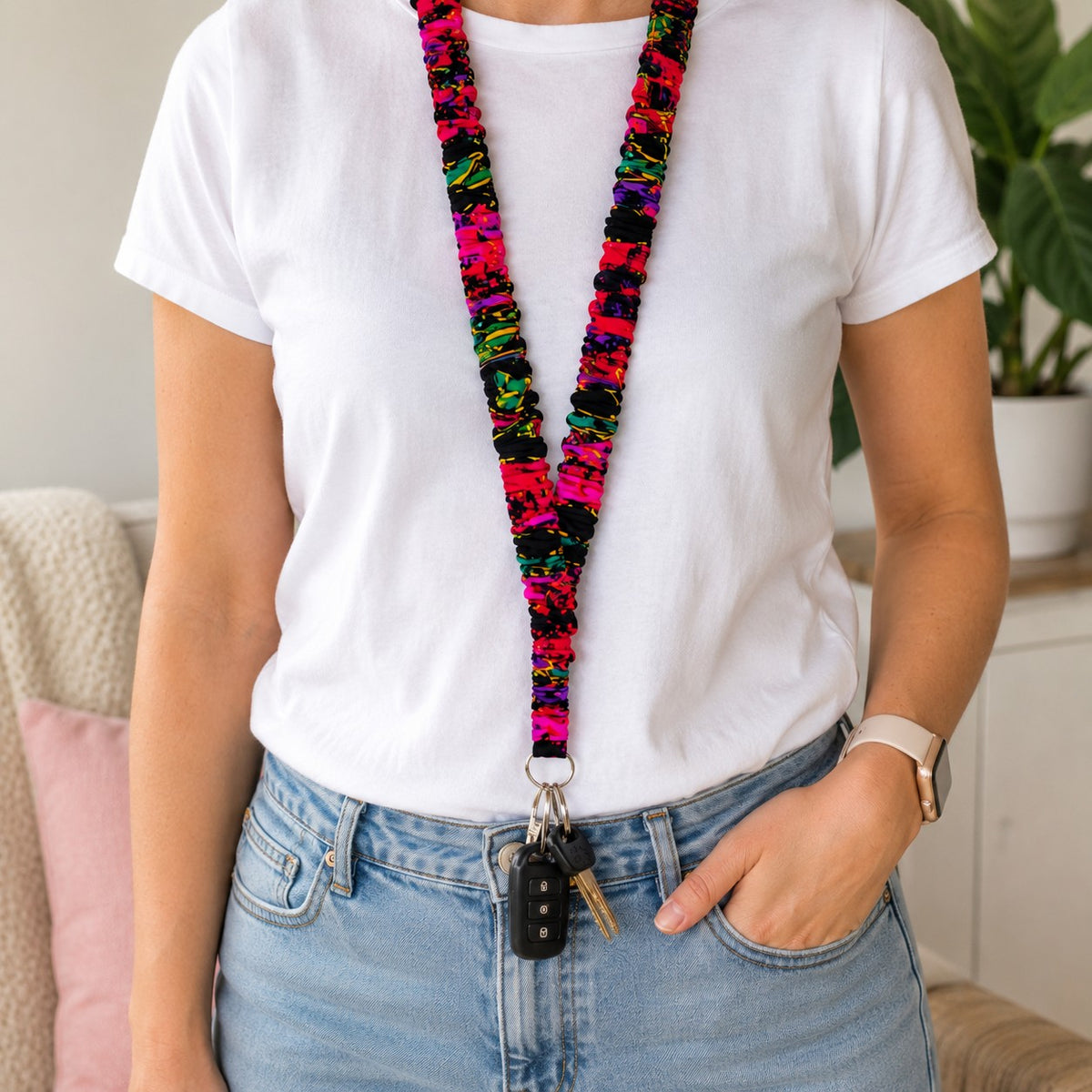 Handmade Tropical Floral Black Print Stretchy Scrunchie Lanyard Soft Fabric Key Holder