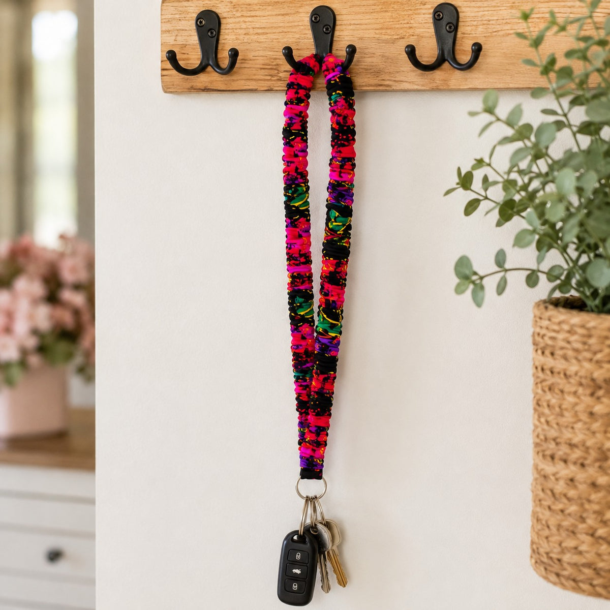 Handmade Tropical Floral Black Print Stretchy Scrunchie Lanyard Soft Fabric Key Holder