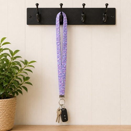 Handmade Pink & Purple Flower Print Stretchy Scrunchie Lanyard – Soft Fabric Key Holder