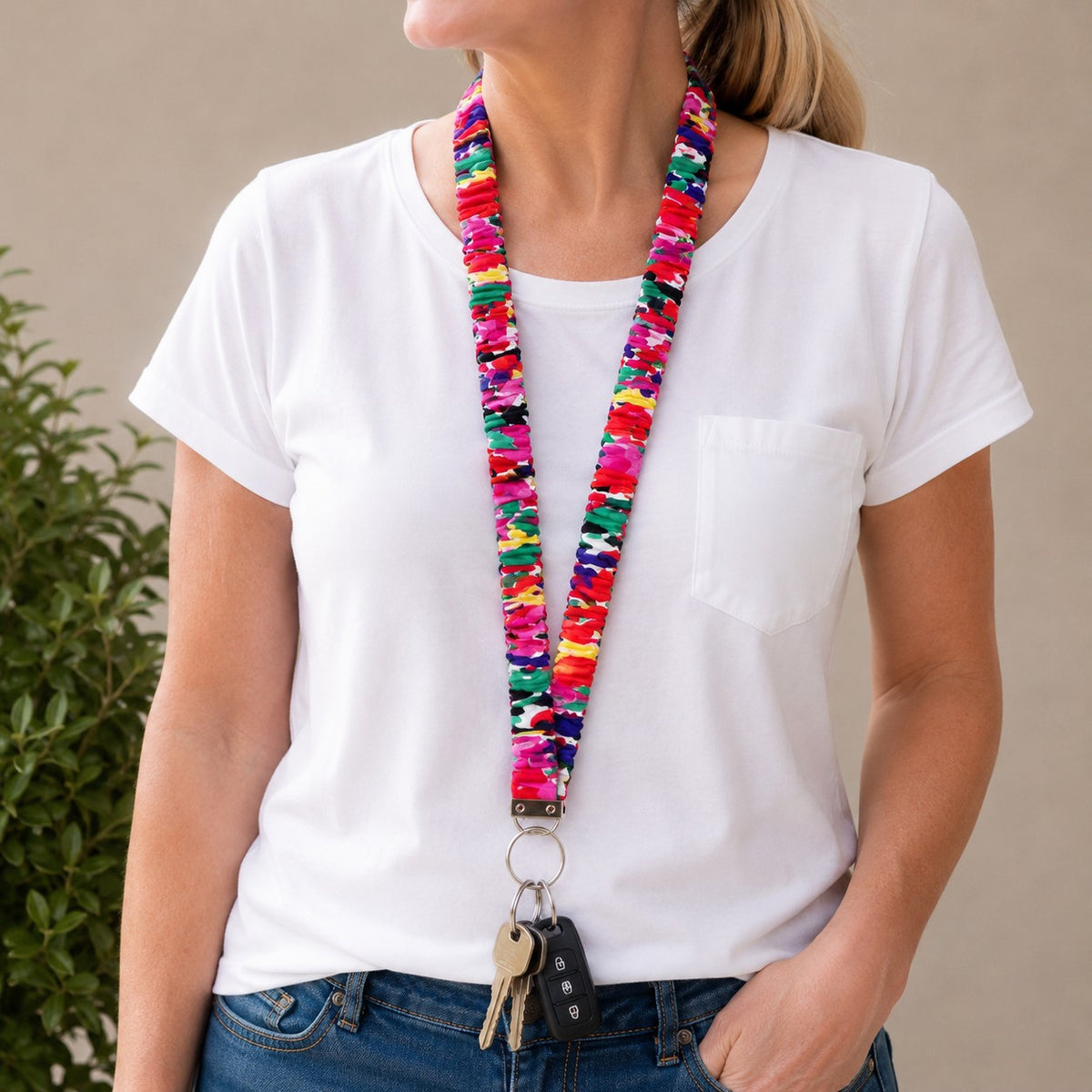 Handmade Colourful Floral Print Stretchy Scrunchie Lanyard – Soft Fabric Key Holder