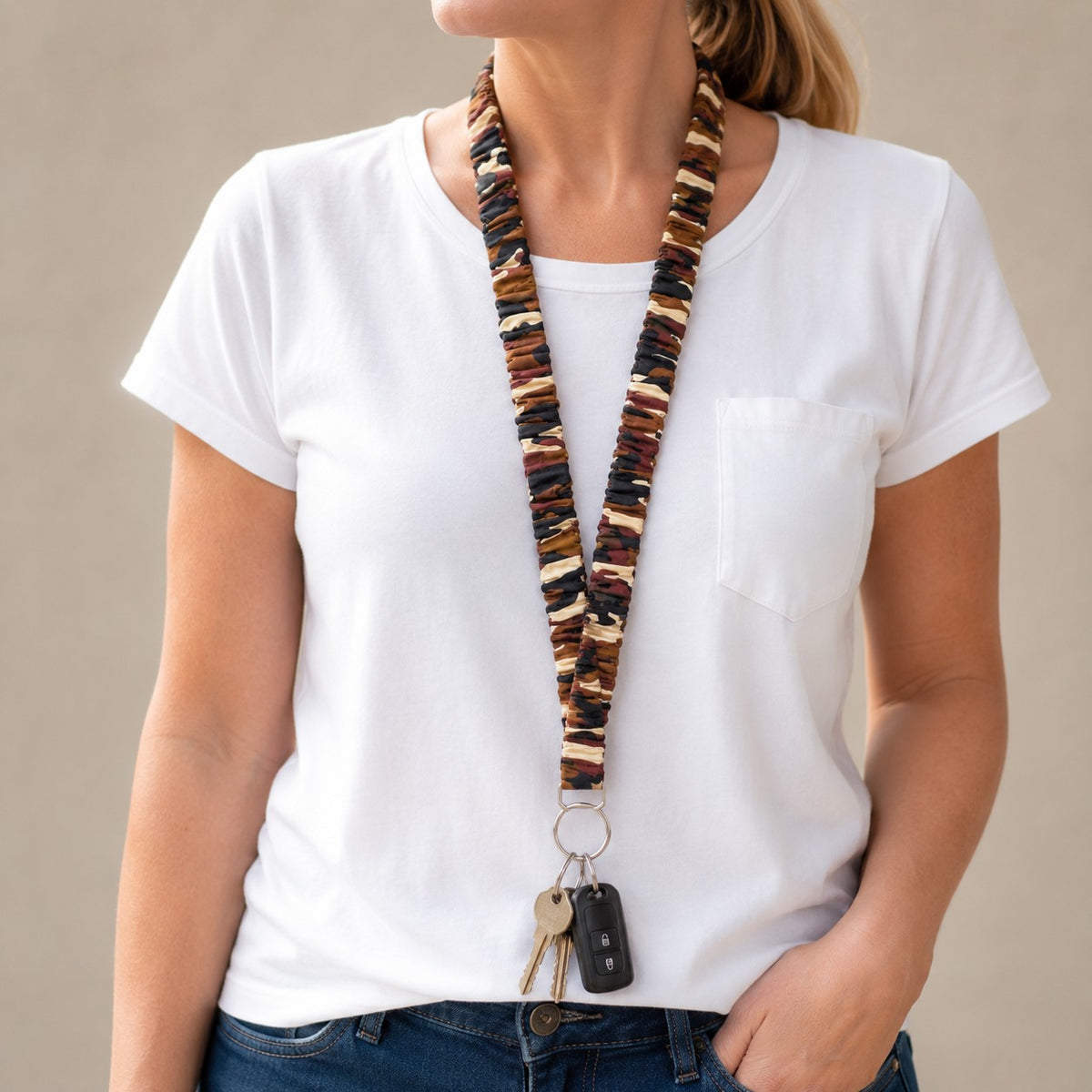 Handmade Chocolate Camo Print Stretchy Scrunchie Lanyard – Soft Fabric Key Holder