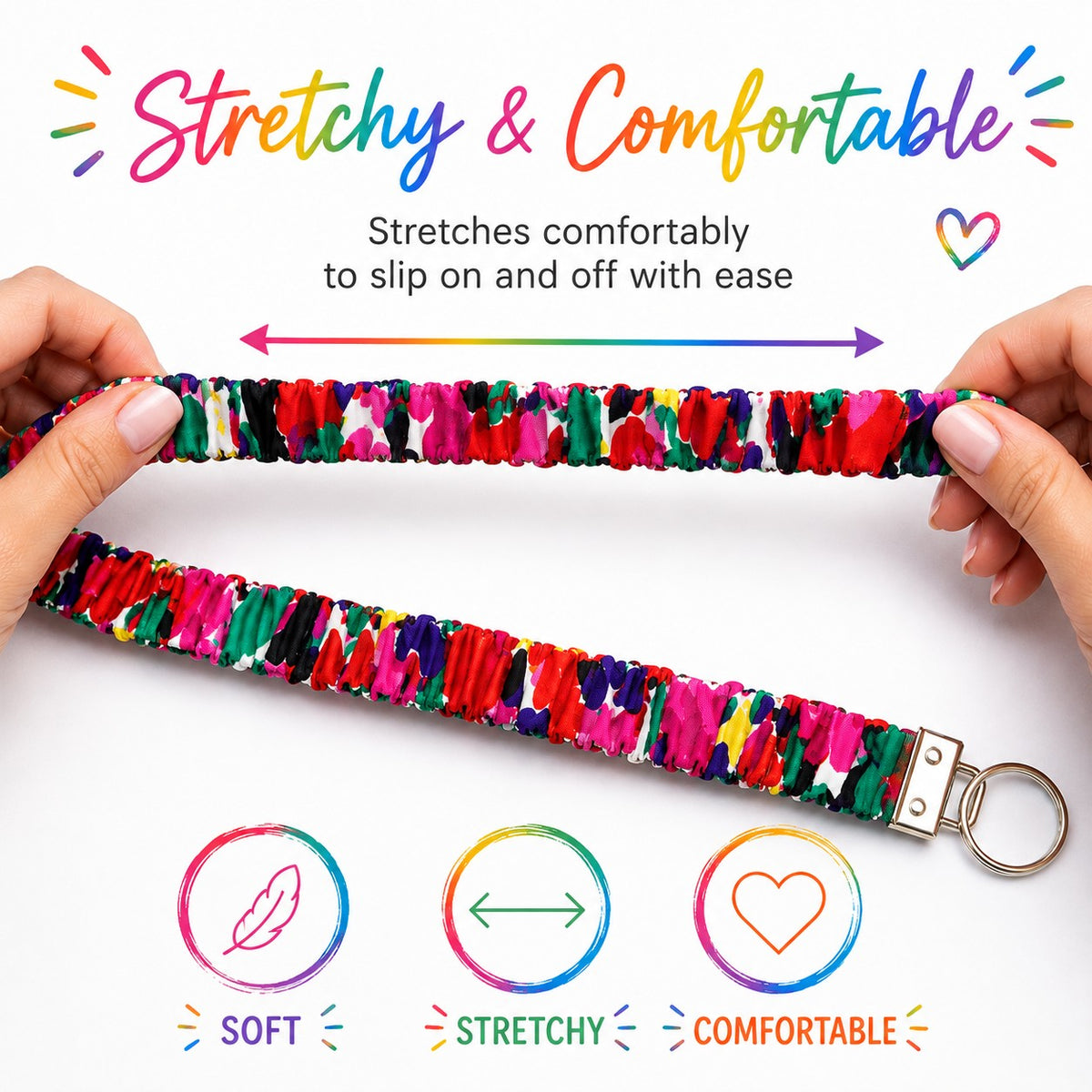 Handmade Colourful Floral Print Stretchy Scrunchie Lanyard – Soft Fabric Key Holder