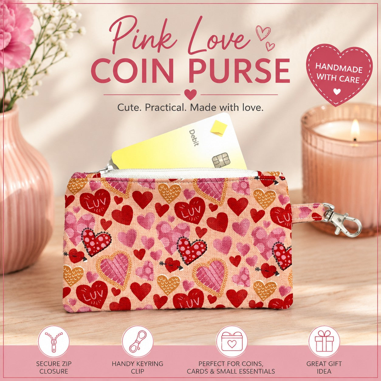 Handmade Pink Love Coin Purse Small Zipper Pouch Keyring Wallet Purse