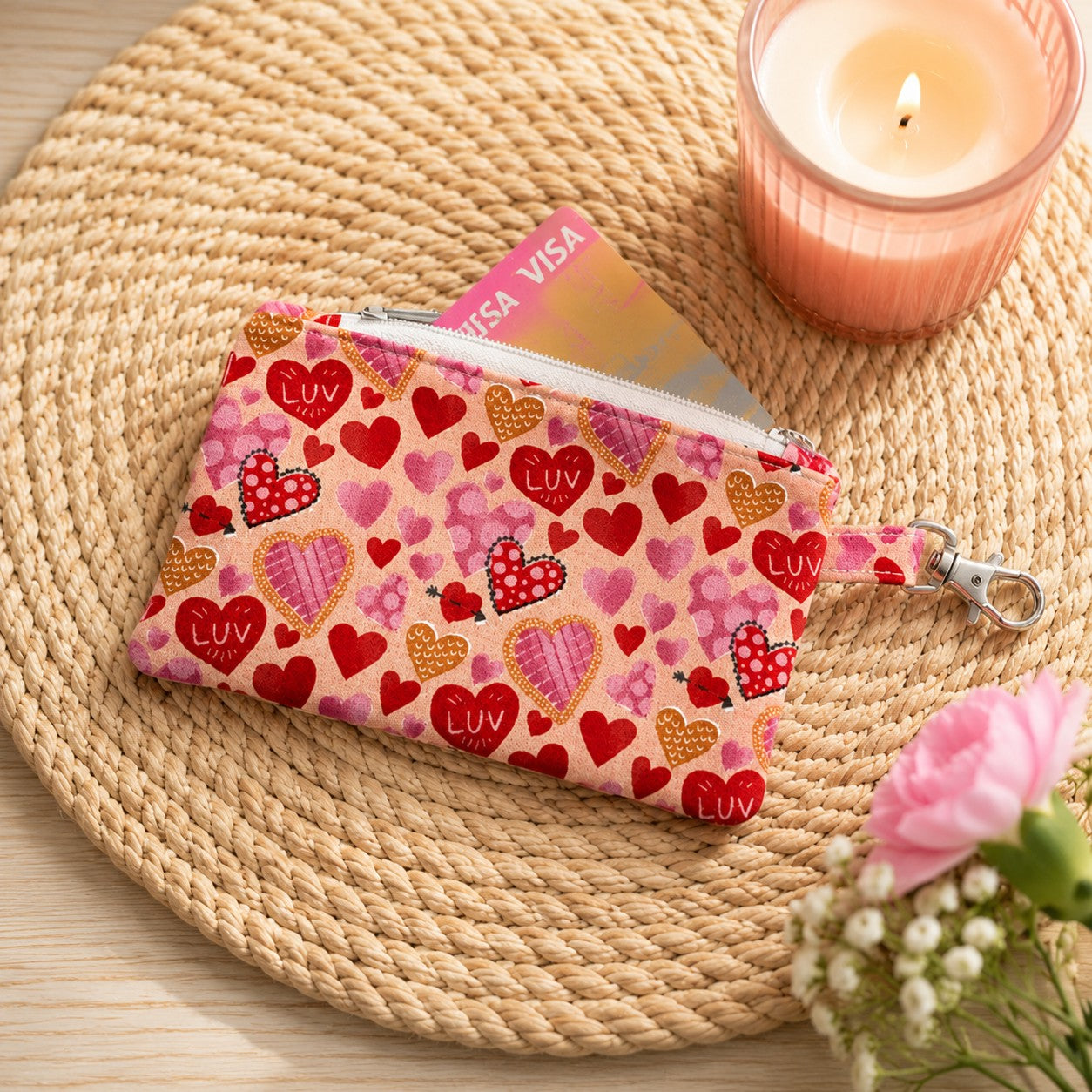 Handmade Pink Love Coin Purse Small Zipper Pouch Keyring Wallet Purse