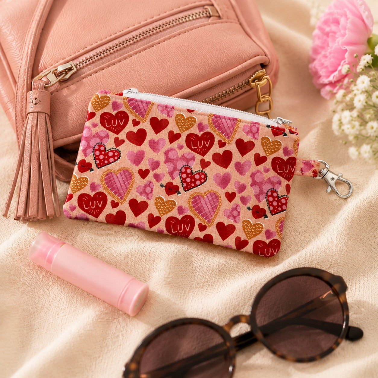 Handmade Pink Love Coin Purse Small Zipper Pouch Keyring Wallet Purse