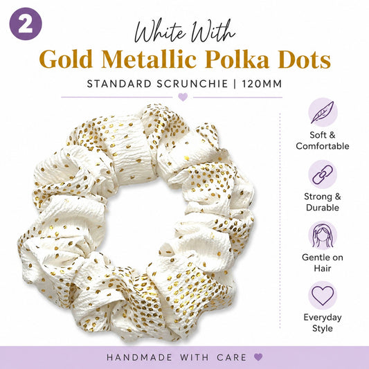 Handmade Scrunchies - White With Gold Metallic Polka Dots - Medium