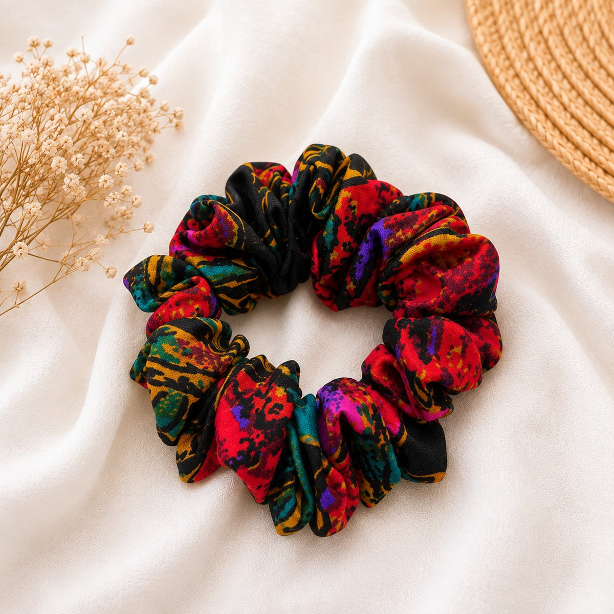 Handmade Black Tropical Floral Scrunchie 120mm Standard Size Ponytail Holder