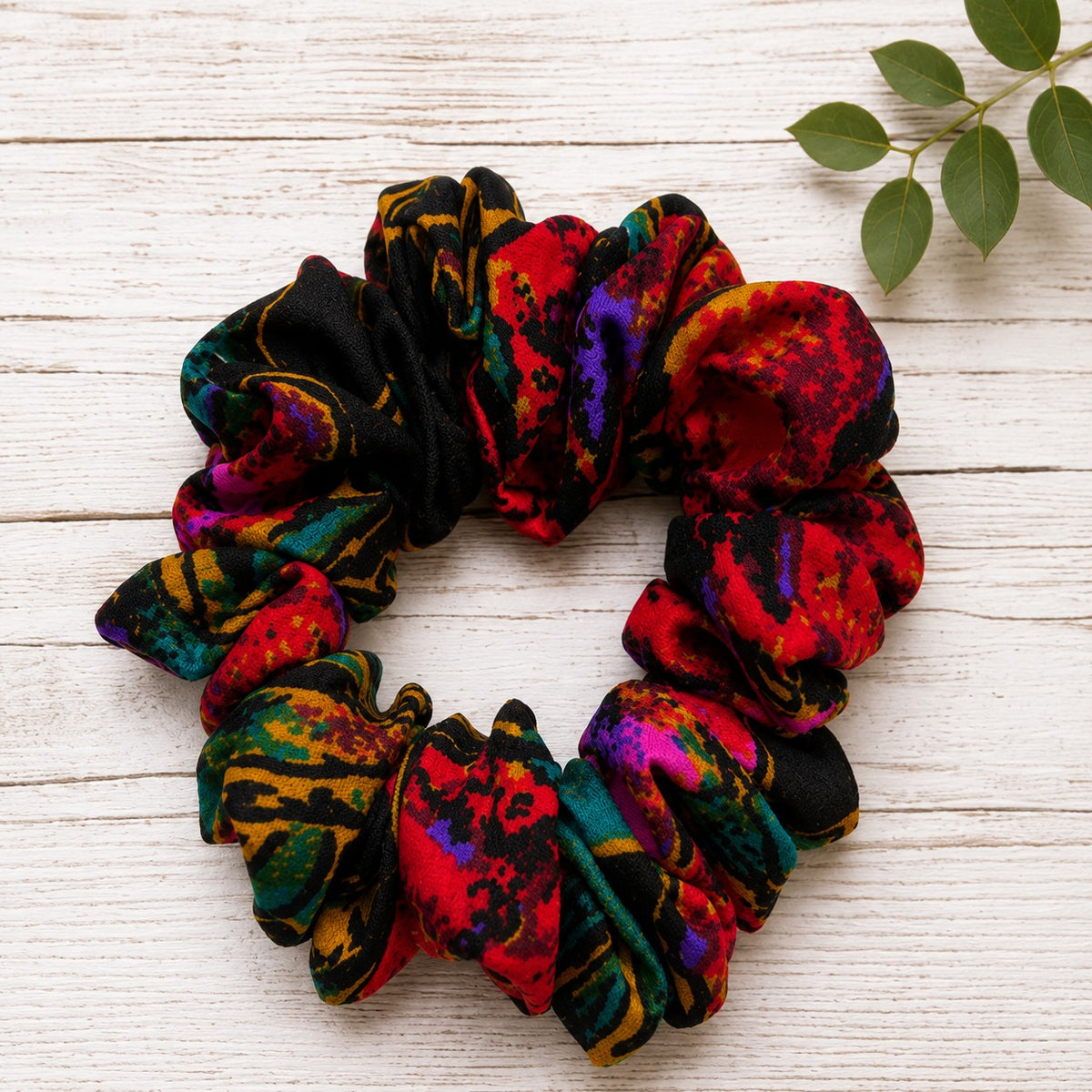 Handmade Black Tropical Floral Scrunchie 120mm Standard Size Ponytail Holder