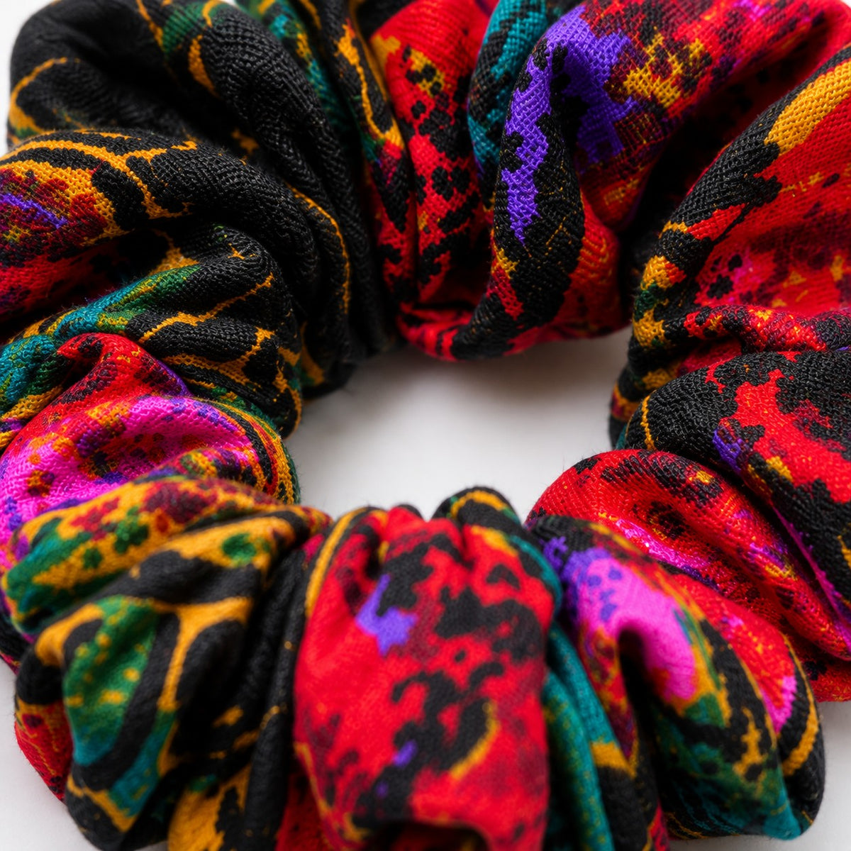 Handmade Black Tropical Floral Scrunchie 120mm Standard Size Ponytail Holder