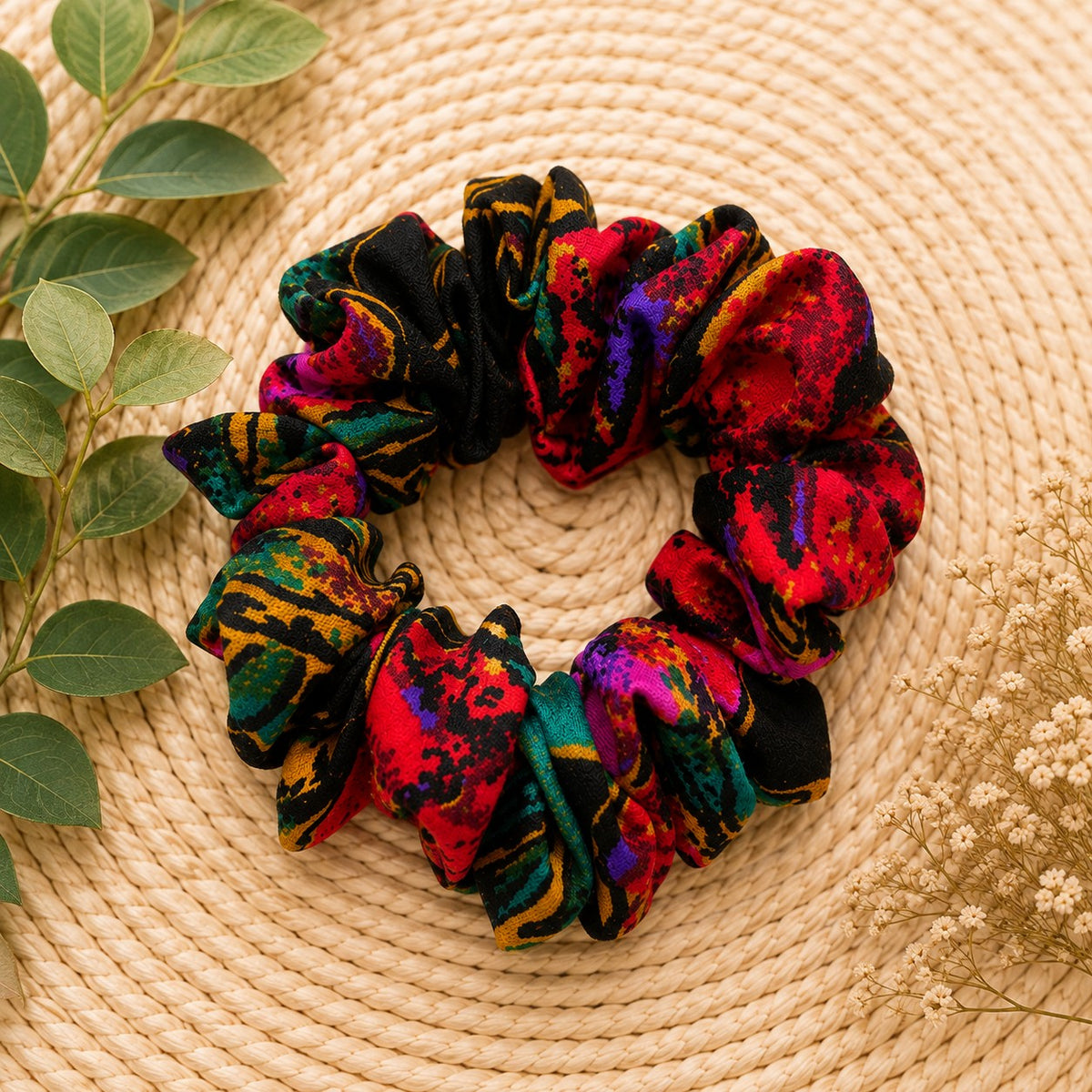 Handmade Black Tropical Floral Scrunchie 120mm Standard Size Ponytail Holder
