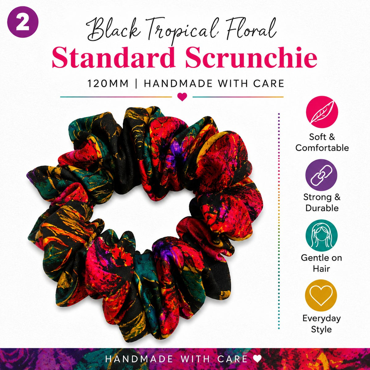 Handmade Black Tropical Floral Scrunchie 120mm Standard Size Ponytail Holder