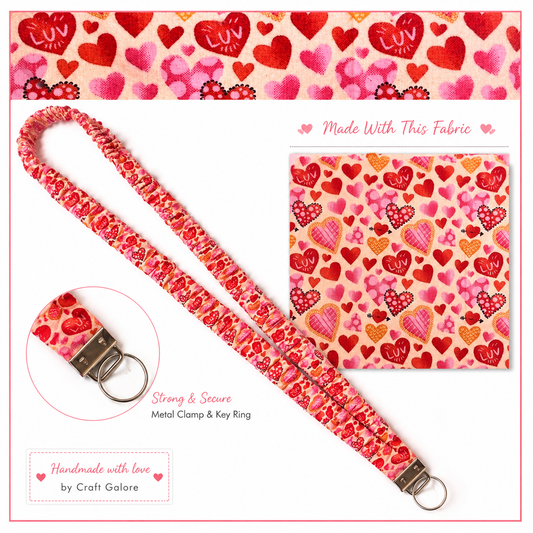 Handmade Heart Print Scrunchie Lanyard – Soft Fabric Key Holder