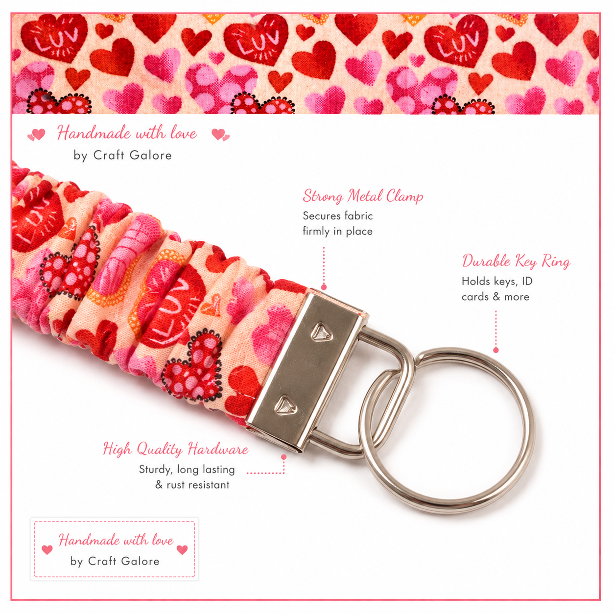 Handmade Heart Print Scrunchie Lanyard – Soft Fabric Key Holder