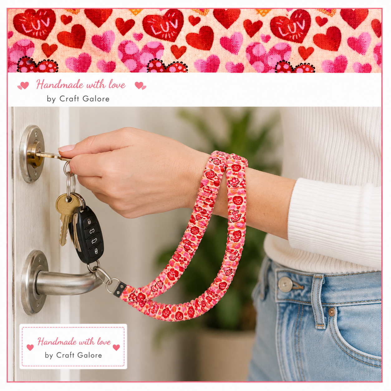 Handmade Heart Print Scrunchie Lanyard – Soft Fabric Key Holder