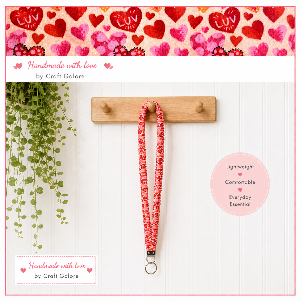 Handmade Heart Print Scrunchie Lanyard – Soft Fabric Key Holder