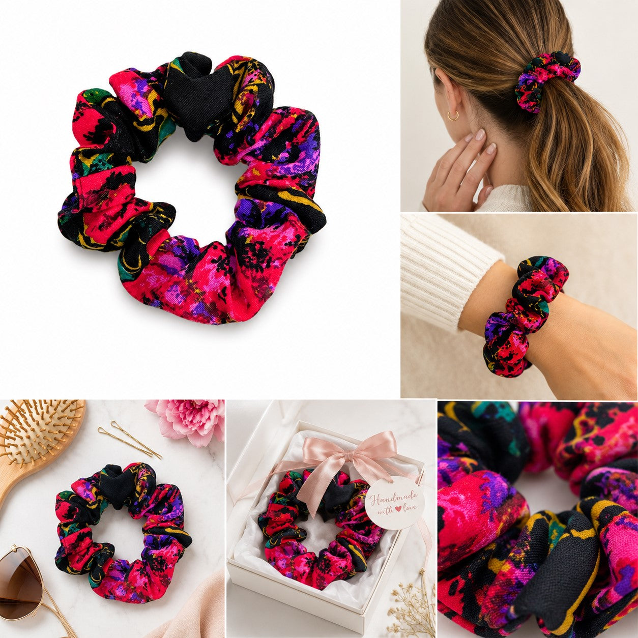 Handmade Scrunchie - Black & Red Floral Print - Hair Tie Ponytail Holder