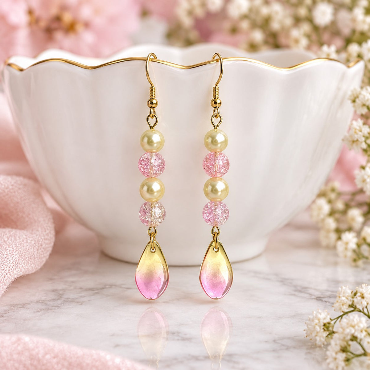 DIY Earring Making Kit Pink Yellow Leaf Glass Bead Dangle Jewellery Craft