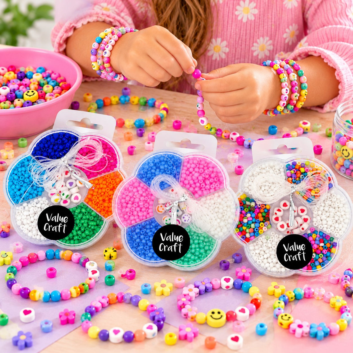 Kids Plastic Seed Bead Kit – 70g, 1015 Beads & 2mts Stretchy String