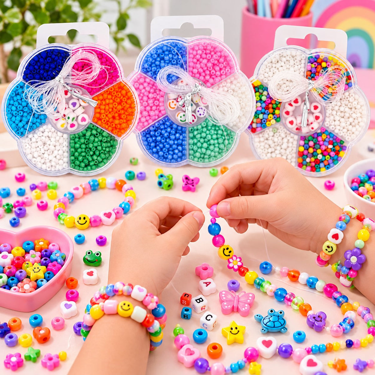 Kids Plastic Seed Bead Kit – 70g, 1015 Beads & 2mts Stretchy String