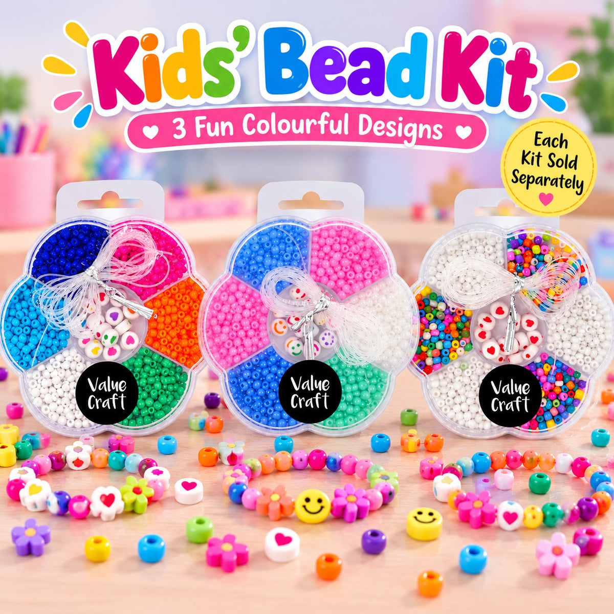 Kids Plastic Seed Bead Kit – 70g, 1015 Beads & 2mts Stretchy String