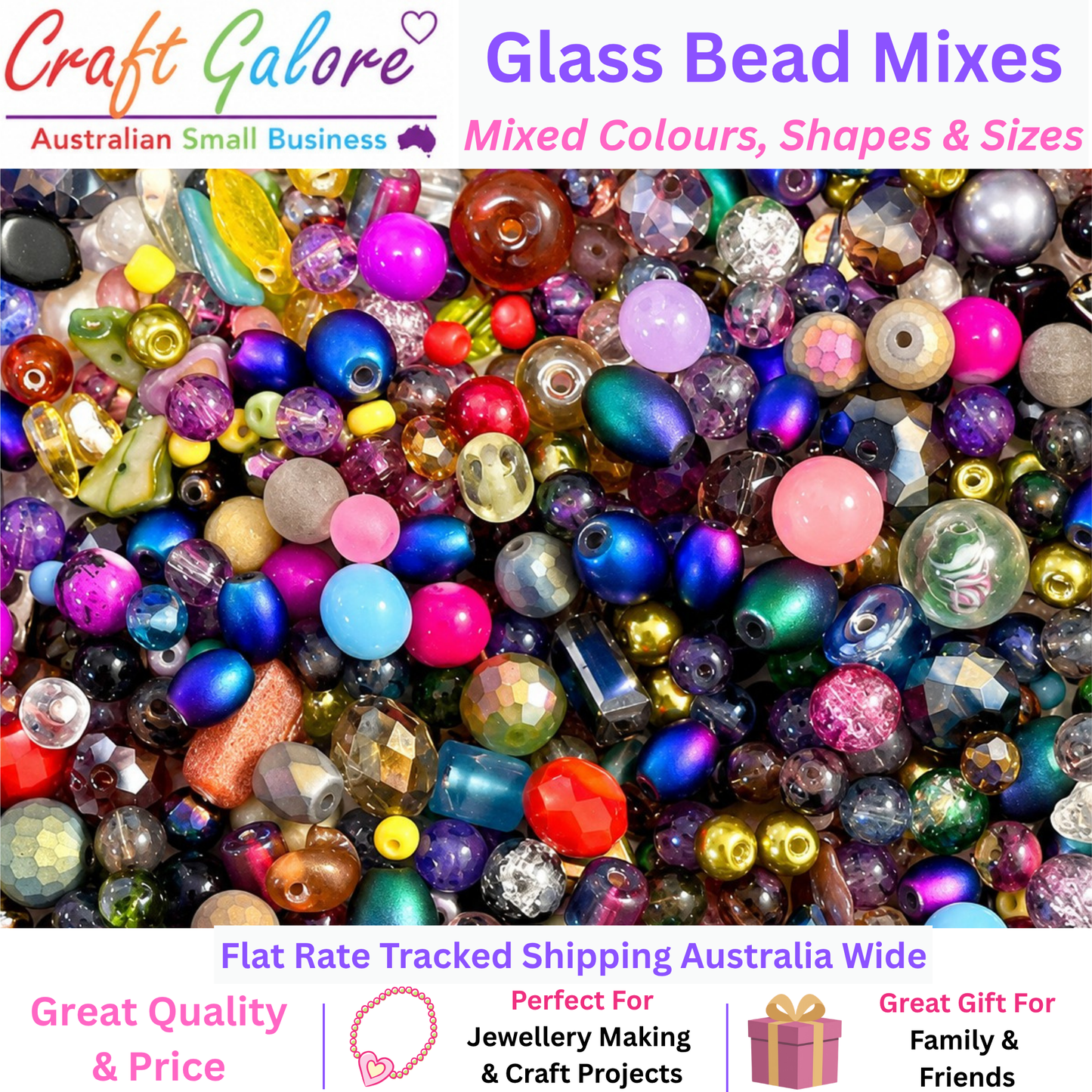 50g Glass Bead Mixes - 80 to 100 Pieces - Size 4mm to 12mm - 11 Colours