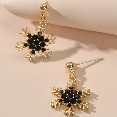 Dainty Rhinestone Gold Snowflake Dangle Earrings - Red or Black