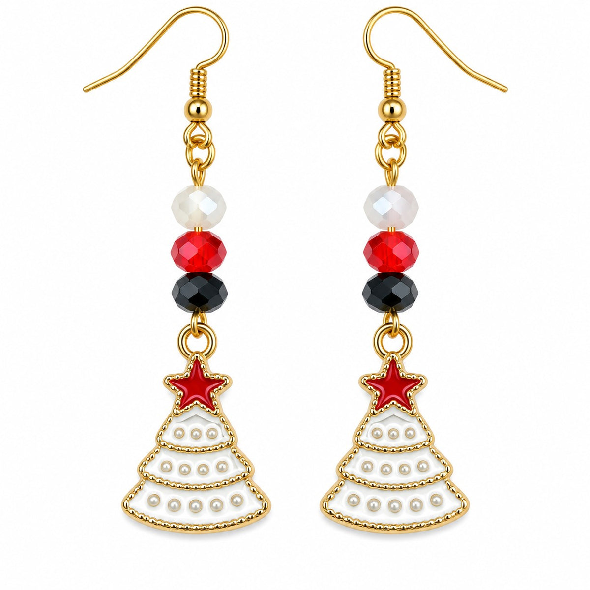 Handmade Christmas Tree Dangle Earrings Red White Black Beaded Xmas Festive Jewellery