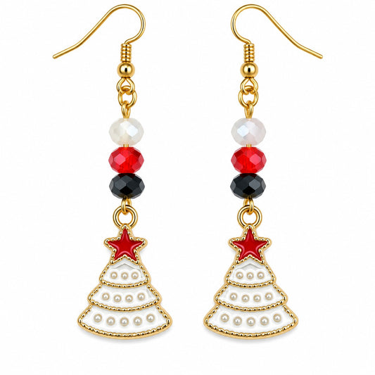 Handmade Christmas Tree Dangle Earrings Red White Black Beaded Xmas Festive Jewellery