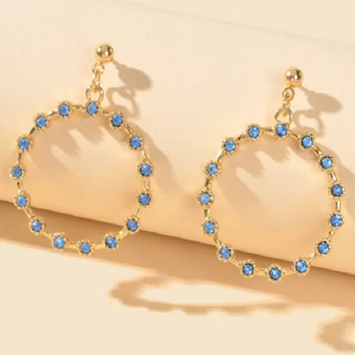 Fashion Blue Rhinestone Gold Circle Dangle Earrings