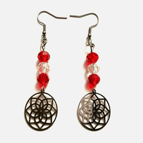 Earrings - Red & Clear Beads - Flowers