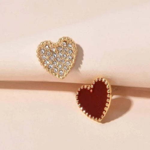 Rhinestone Red Silver Enamel Heart Asymmetric Stud Earrings